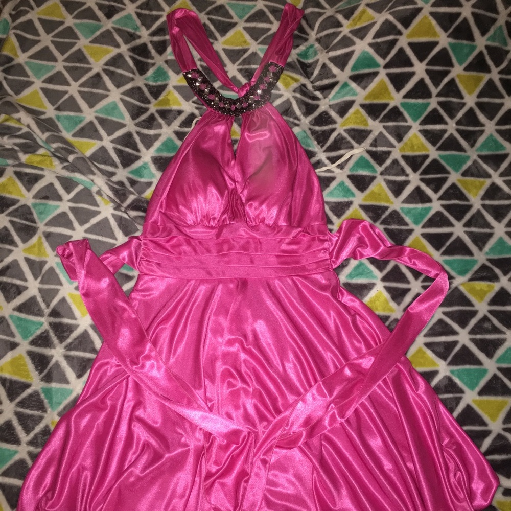 pink silk backless dress